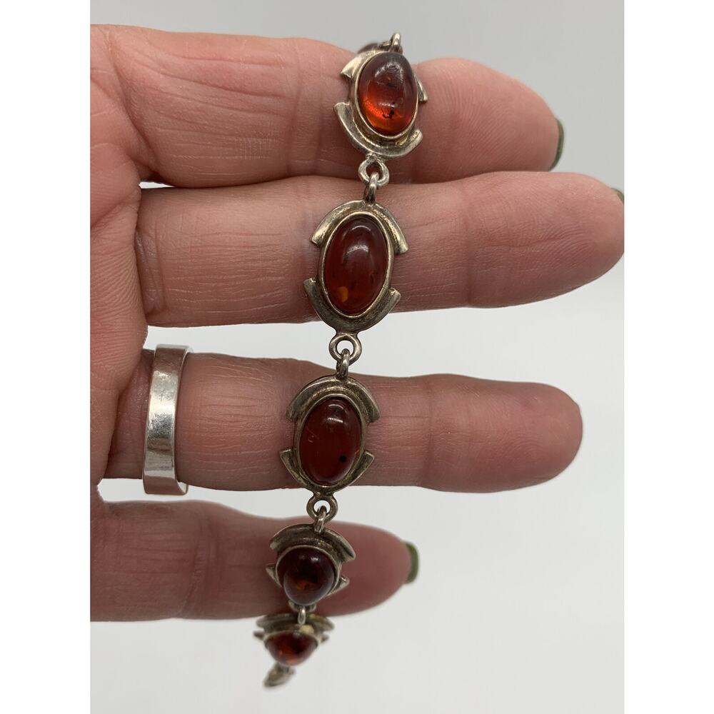 Vintage 925 Silver Baltic Cognac Butterscotch Amber Bracelet 7.25” Estate - Picture 3 of 4